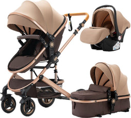 Luxe 3-in-1 Kinderwagen - Wandelwagen - Autostoeltje - Buggy - Inklapbaar - Khaki