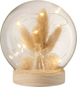 J-Line decoratie stolp Bol Engel glas/hout - naturel - medium - LED lichtjes