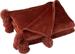 J-Line Plaid Pompom - fleece deken - polyester - Marsala rood - 170 x 130 cm - woonaccessoires