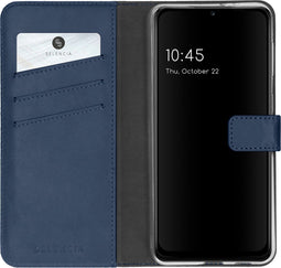 Selencia Hoesje Geschikt voor Samsung Galaxy A22 (5G) Hoesje Met Pasjeshouder - Selencia Echt Lederen Bookcase - Blauw