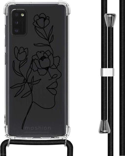 iMoshion Hoesje Geschikt voor Samsung Galaxy A41 Hoesje Met Koord - iMoshion Design Hoesje met Koord - Zwart / Transparant / Woman Flower