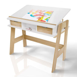 Juskys Fietje Plus Kinderbureau met Verstelbaar Blad en Opbergruimte - Wit/Naturel - 94 x 76 x 63 cm