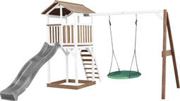 AXI Beach Tower Speeltoestel in Bruin/Wit - Speeltoren met Summer Nestschommel, Grijze Glijbaan en Zandbak - FSC hout - Speelhuis op palen voor de tuin