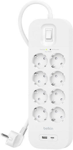 Belkin SRB003vf2M-V2 - Beveiligde stekkerdoos - 8x Geaarde stekkers 1x USB A 1x USB type-C - Wit
