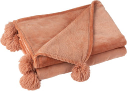 J-Line Plaid Pompom - fleece deken - polyester - perzik - 170 x 130 cm - woonaccessoires