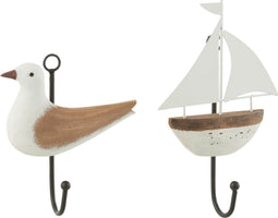J-Line Kapstok Vogels+Boot Paulownia Hout/Metaal Naturel/Wit Assortiment Van 2