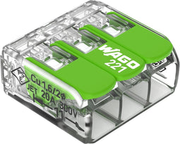 WAGO 221-423 221 Verbindingsklem Flexibel: 0.14-4 mm² Massief: 0.2-4 mm² Aantal polen: 3 50 stuk(s) Transparant, Groen