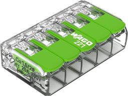 WAGO 221-425 221 Verbindingsklem Flexibel: 0.14-4 mm² Massief: 0.2-4 mm² Aantal polen: 5 25 stuk(s) Transparant, Groen