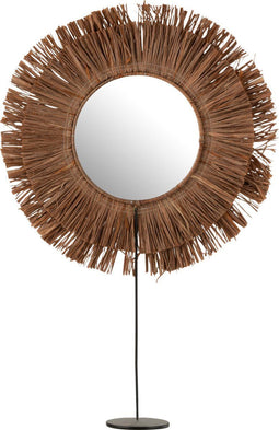 J-Line spiegel Op Voet Rond - riet/raffia - bruin - 41 x 50 cm