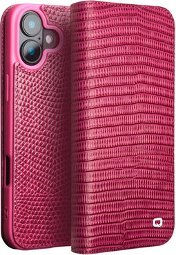 Qialino Geschikt voor iPhone 16 hoesje - Leren bookcase - Croco Roze
