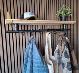 Wandkapstok Industrieel - Kapstok met Bovenplank - Steigerbuis - 90 Cm - 6 Haken - Metalen plankdragers Goud