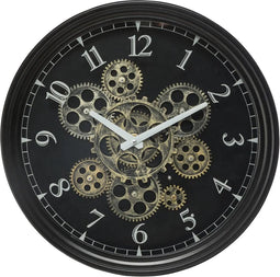 WANDKLOK METAAL MET DRAAIENDE TANDWIELEN - ZWART - DIAMETER 37 CM