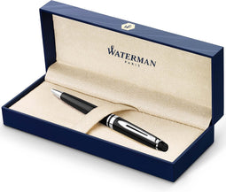 Waterman Expert-balpen | Glimmend zwart met chromen rand | Medium punt | Blauwe inkt | met geschenkdoos