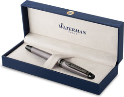 Waterman Expert vulpen | Metallic zilveren lak met rutheniumdetails | Medium PVD-gecoate roestvrijstalen penpunt | Blauwe inkt | Met geschenkverpakking