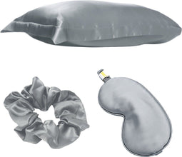 SMUG Satijnen Kussensloop, Slaapmasker en Scrunchie Set - 47 x74cm Anti Allergeen Pillow Case - Geschenkset voor Vrouwen - Grijs