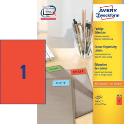 Avery Gekleurde Etiketten - Printlabel - Permanent klevend - Rood 210,0 x 297,0 mm
