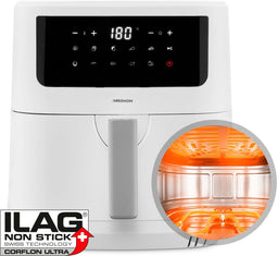 MEDION P10 XL Airfryer (6,8 liter XXL heteluchtfriteuse, 2.150 watt, twee roestvrijstalen verwarmingselementen, schudalarm, 9 automatische programma's, touch bedieningspaneel, LED-display) wit