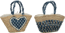 J-Line strandtas Hart/Patroon Denim - zeegras - naturel/blauw - 2 stuks
