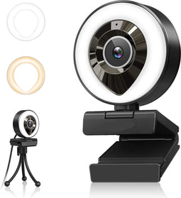 Webcam met licht, statief, Full HD-streamingcamera met ringlicht, 360° draaicirkel, USB-camera voor pc, Mac, laptop, zoom, Skype