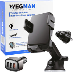 Wegman Telefoonhouders Auto 15W QI Draadloze Oplader - Ventilatie, Raam, Dashboard - Autolader - Oplader Adapter - GSM Houder