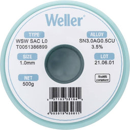 Weller Wsw Sac L0 Soldeertin Loodvrij Spoel Sn3.0Ag0.5Cu 500 G 1.0 Mm
