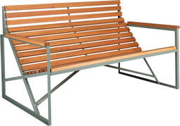 Weltevree | Patio Bench | Tuinbank, Buitenbank | Stalen Frame & Eucalyptus Houten Zitting | Weerbestendig | Cement Grijsgroen RAL 5008