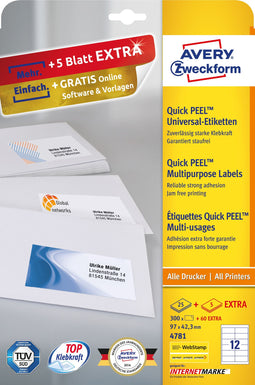Avery 4781 - Universele Etiketten - 97 x 42,3 mm - Permanent klevend - Wit (300 stuks)