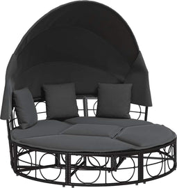 vidaXL - Loungebed - met - luifel - en - kussens - poly - rattan - zwart