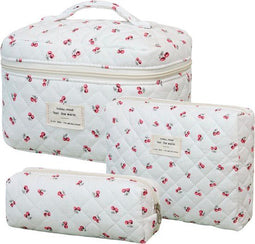 SC Travel Essentials - 3-delige Make-up Tas Set - Eco-vriendelijk Katoen - Gewatteerde Gebloemde