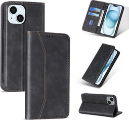 Podec iPhone 15 - Hoesje met Pasjeshouder - Anti-Shock Wallet Case met Screenprotector - Zwart