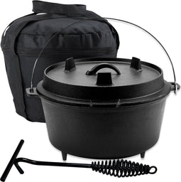 KitchenMonster® Dutch Oven Kookpan - Gietijzeren Pan Ø29 - Gietijzeren Pan met Deksel 9 Liter Grillpan - Braadpan Gietijzer Zwart