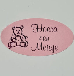Etiket Hoera een meisje roze/magen ovaal