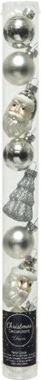 9 Glazen kerstballen en figuren mix zilver