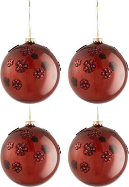 J-Line kerstbal Bloemen - glas - burgundy - large - doos van 4