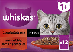 Whiskas 1+ Classic Selectie in Saus Maaltijdzakjes Multipack 12 x 85 gr