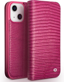 Qialino - lederen luxe bookcase hoes - Geschikt voor iPhone 13 Mini - Croco Roze