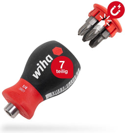 Wiha Schroevendraaier met bitmagazijn magnetisch Pozidriv, Phillips met 6 bits, Stubby, 1/4 in blister - 33741