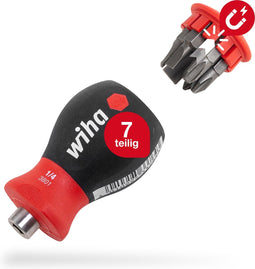 Wiha Schroevendraaier met bitmagazijn magnetisch sleufkop, Philips met 6 bits, Stubby, 1/4 - 33736