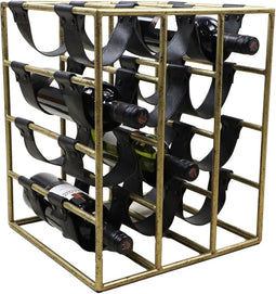 Wijnrek 12 flessen - 33x32x40 - Antiek goud/Zwart - Metaal/Faux leder