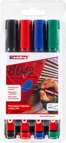 edding 330/4S permanent marker set - zwart, rood, blauw, groen - beitelpunt 1-5mm -gemaakt voor flipcharts - drukt niet door op papier