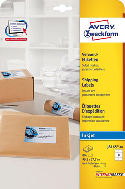 Avery Witte etiketten QuickDry doos van 10 blad, ft 99,1 x 67,7 mm (b x h), 80 stuks, 8 per blad Me