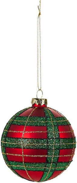 Kerstbal rood met tartan groen en gouden glitters - 8 cm -set van 4 - Nuvole di stoffa