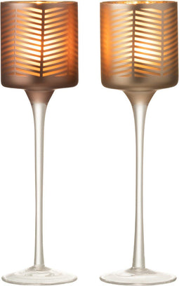 J-Line theelichthouder Op Voet Zigzag - glas - goud/bruin - small - 2 stuks