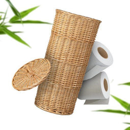 Industor® Toiletrolhouder Staand - Handgevlochten Riet - Voor 3 Rollen met Deksel
