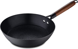 Wokpan met antiaanbaklaag 24 x 44 x 7,5 cm van geperst ijzer Ergonomisch handvat van acaciahout Keukengerei voor alle soorten kookplaten