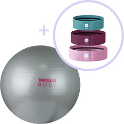 Women's Health, Gym Ball 65 cm + 3-pack Booty Bands – Fitnessbal - Weerstandsbanden - fitnessaccessoires - Home Fitness - Fitnesselastiek - Resistance band - 4-delige set met een Oefenbal en drie Fitness Bands