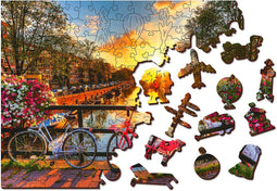 Wooden City Fietsen in Amsterdam XL - Houten Vormpuzzel - 52x38 cm - 600 stukjes