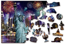 Wooden City New York bij Nacht XL - Houten Vormpuzzel - 52x37,5 cm - 1010 stukjes