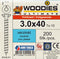 WOODIES® Ultimate Platverzonkenkopschroef Torx Verzinkt 3x40 Voldraad VE=200 - 61530371