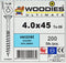WOODIES® Ultimate Platverzonkenkopschroef Torx Verzinkt 4x45 Deeldraad VE=200 - 61540391